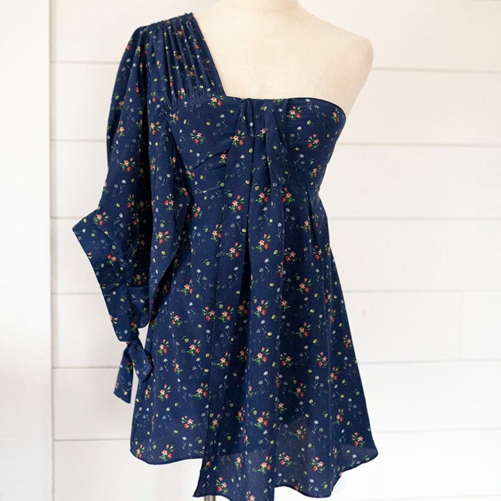 Teija Blue RARE Floral 1 Sleeve Blouse Tunic Top UK size 6 US 0 XS New NWT $378